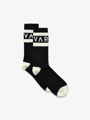 Varley branded black socks with branded banner on ankle and contrast heel and toe