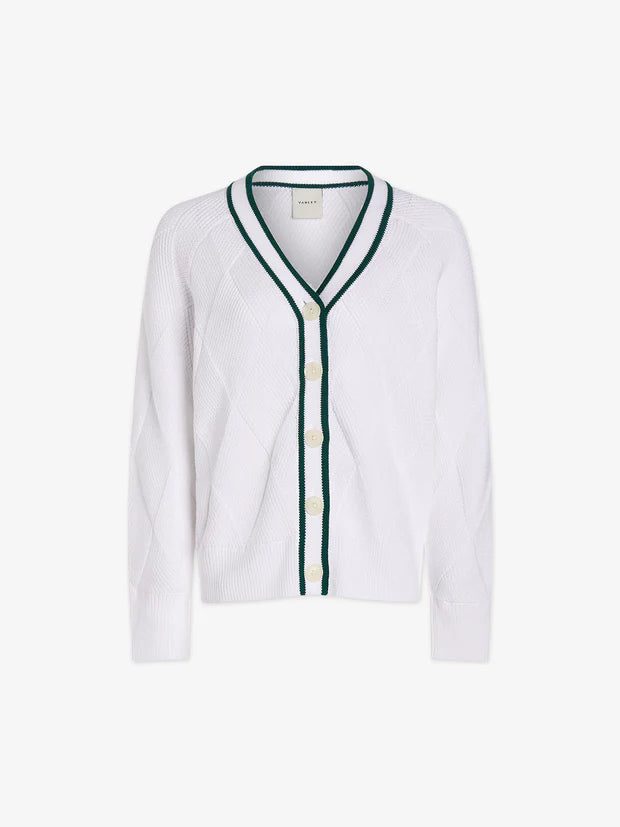 White cotton cardigan with green piping details