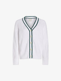 White cotton cardigan with green piping details