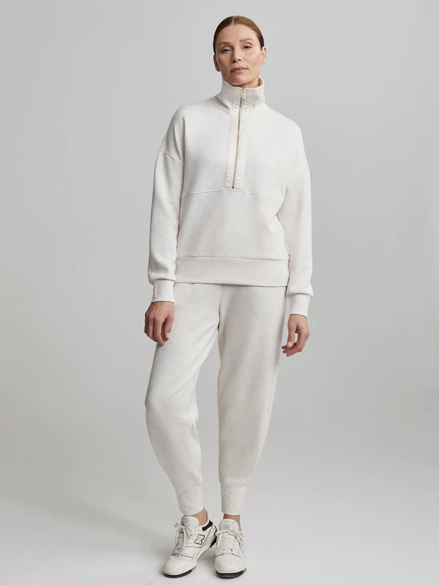 Half zip turtleneck sweat top in ivory marl with gold zipper