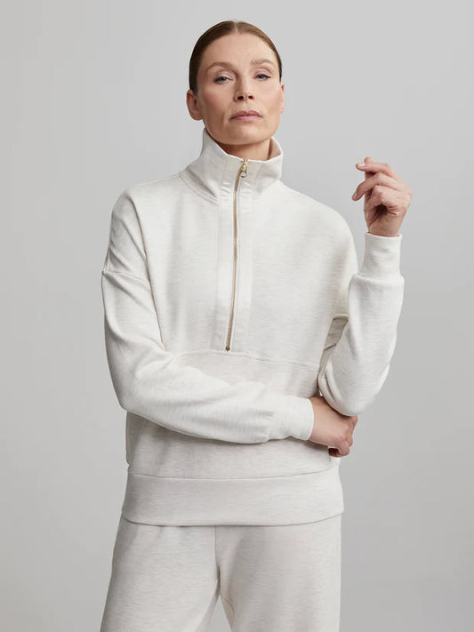 Half zip turtleneck sweat top in ivory marl with gold zipper