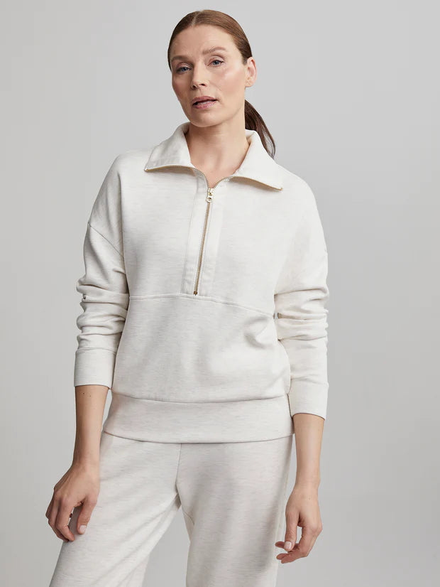 Half zip turtleneck sweat top in ivory marl with gold zipper