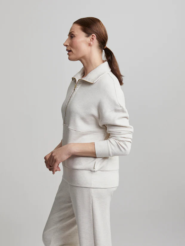 Half zip turtleneck sweat top in ivory marl with gold zipper