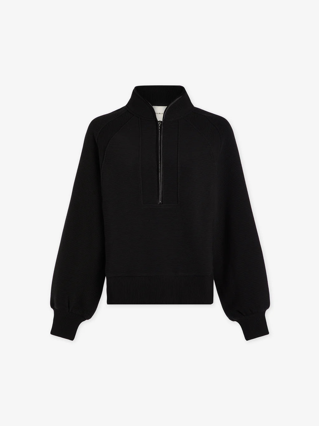 Black half zip top with fine rib details and silver metallic hardware