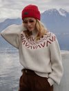 white turtleneck jumper with red fairisle print model shot