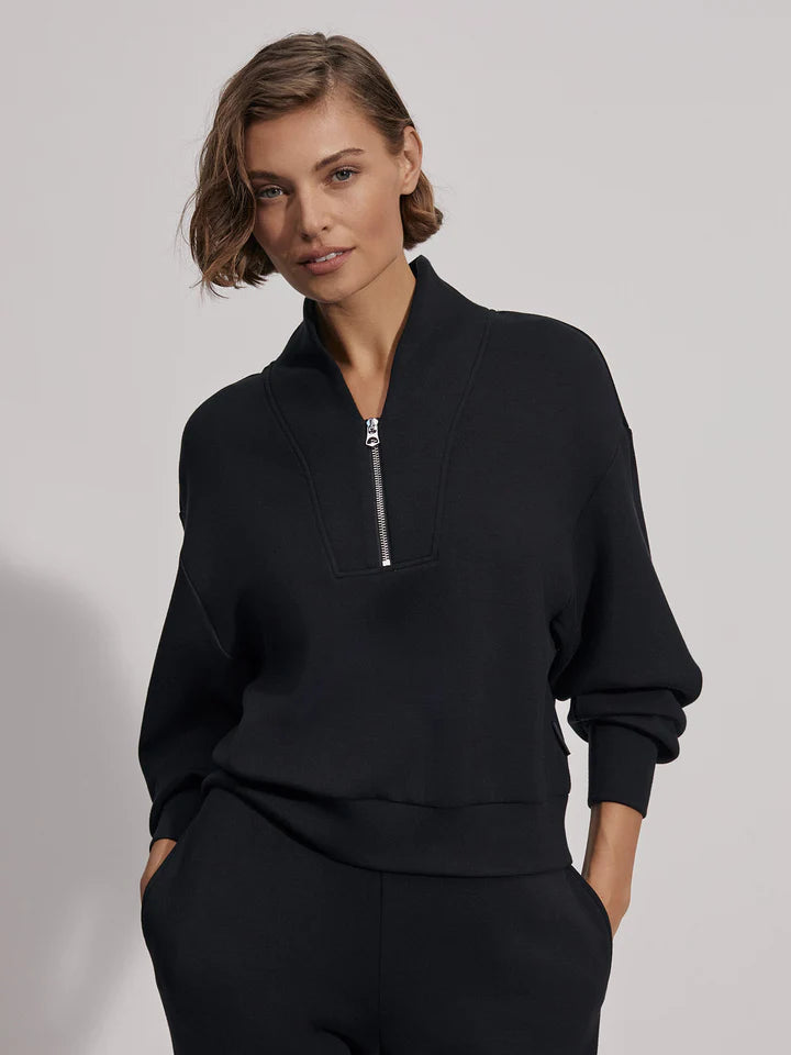 Quarter zip and slightly cropped black sweat top with shawl collar and V necklin
