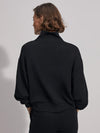Quarter zip and slightly cropped black sweat top with shawl collar and V necklin
