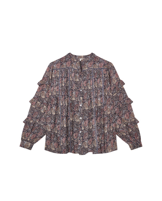 patterned blouse with round neck, button down, ruffled sleeves and open stitch detailing