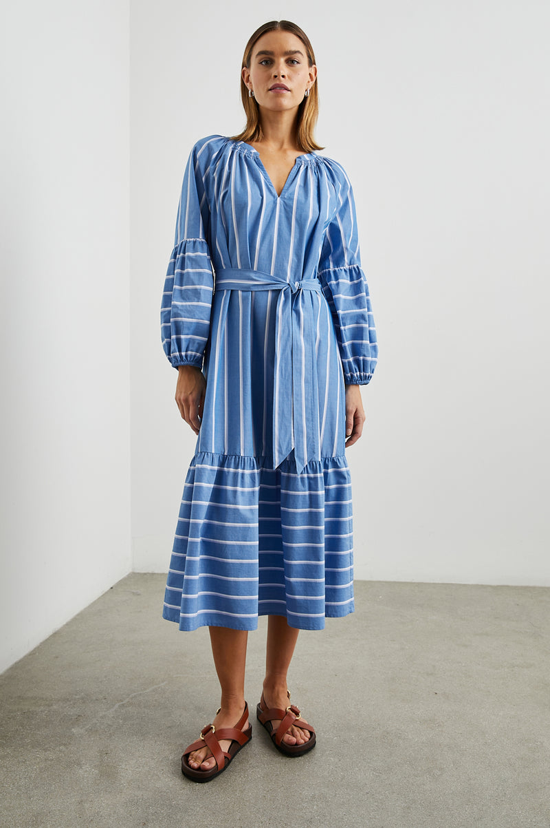 Blue and white stripe midi cotton dress