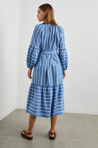 Blue and white stripe midi cotton dress rear view