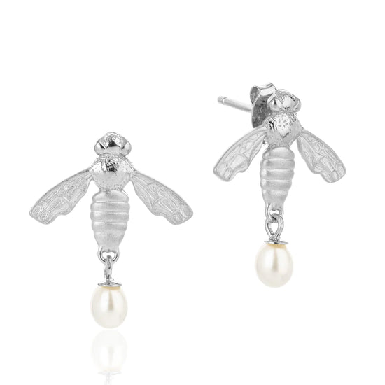 Silver flying bee stud earrings with butterfly fastening and teardrop pearl