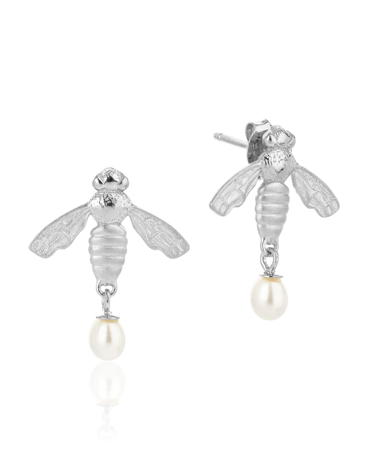 Silver flying bee stud earrings with butterfly fastening and teardrop pearl