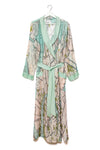 Map-patterned robe with green accents on a hanger against a white background
