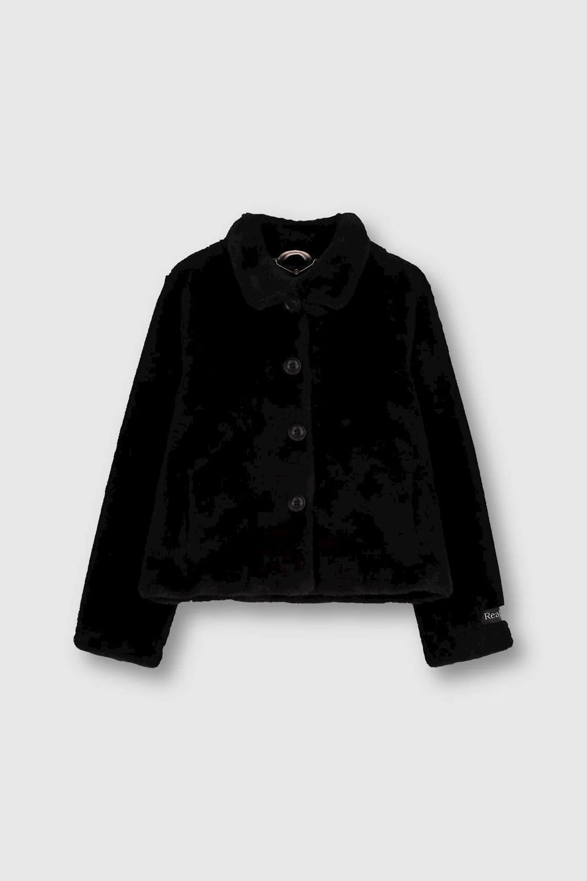 Short faux fur black jacket with button fastening and classic collar