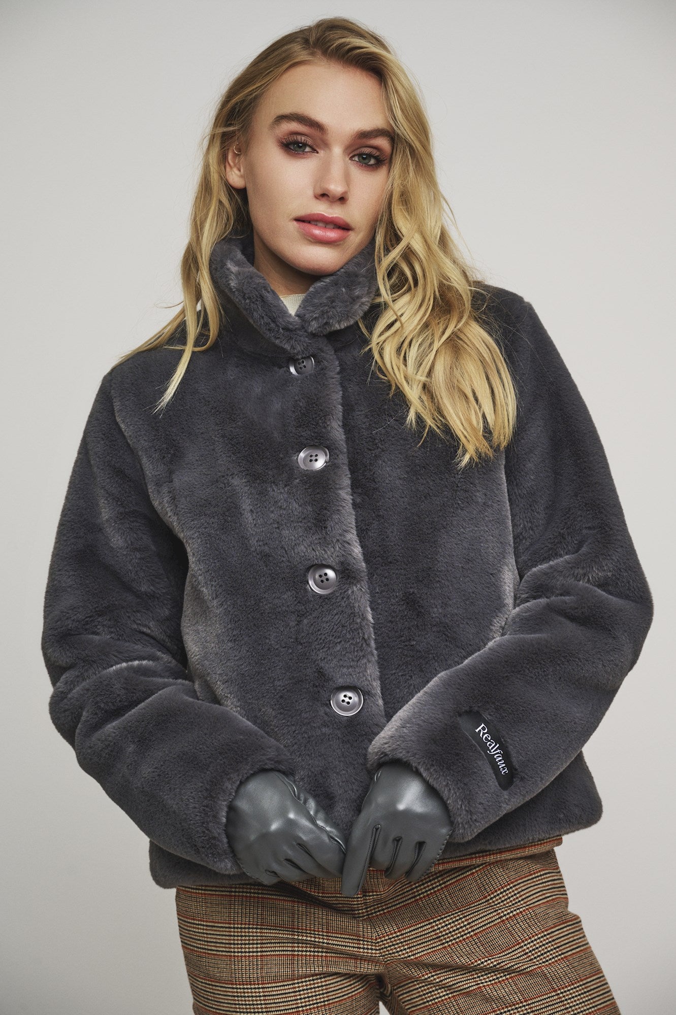 cropped faux fur dark grey jacket 