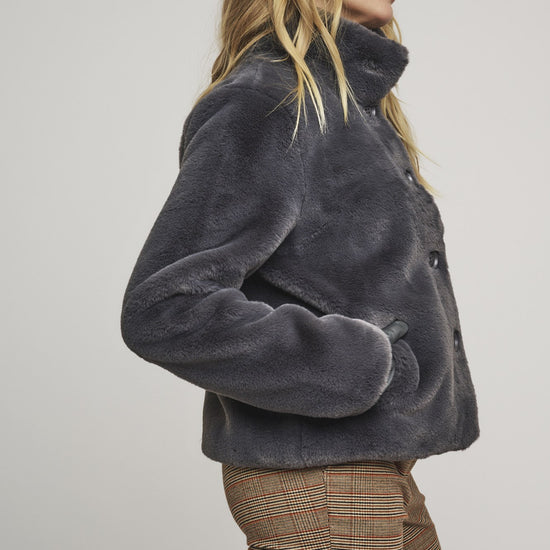 cropped faux fur dark grey jacket  side view 