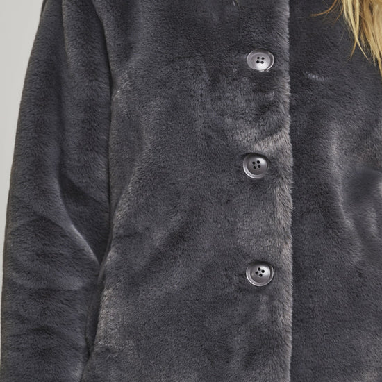 cropped faux fur dark grey jacket  close up