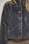 cropped faux fur dark grey jacket  close up