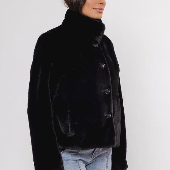 black faux fur cropped jacket side view 