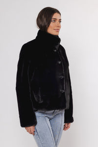 black faux fur cropped jacket side view 