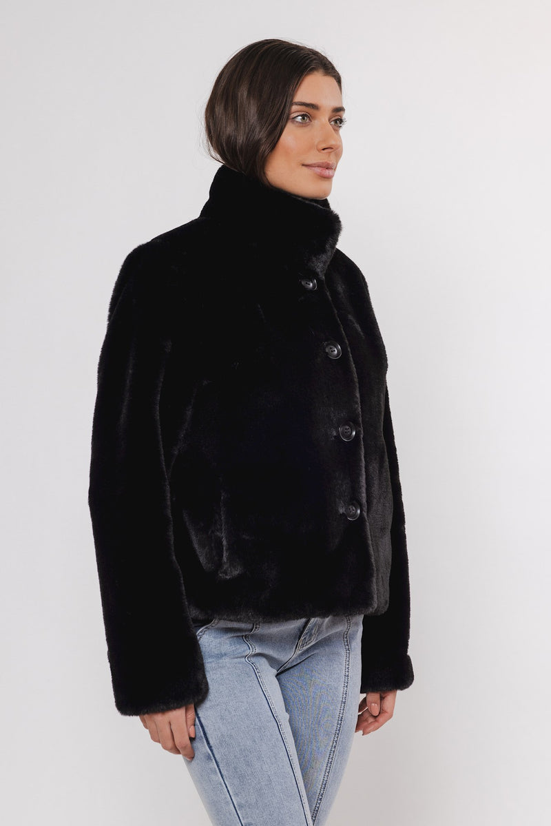 black faux fur cropped jacket side view 