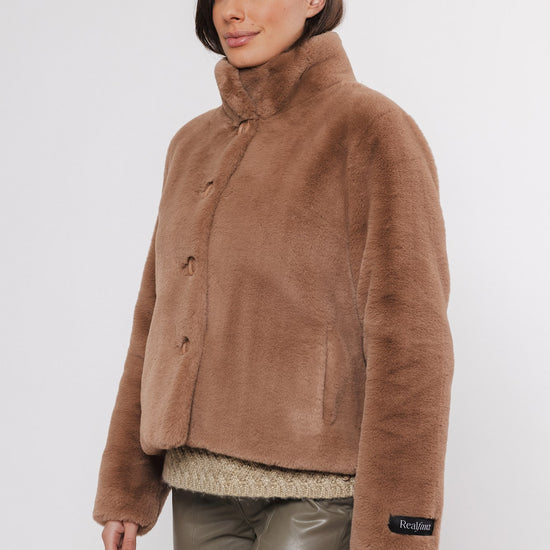 tan faux fur cropped jacket side view 