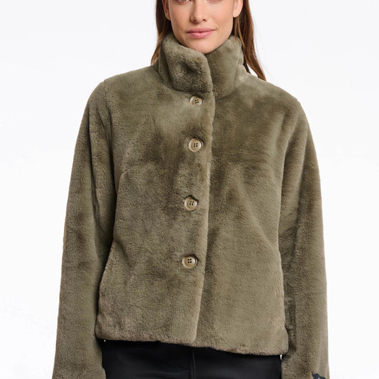 green faux fur short jacket with stand collar from rino and pelle