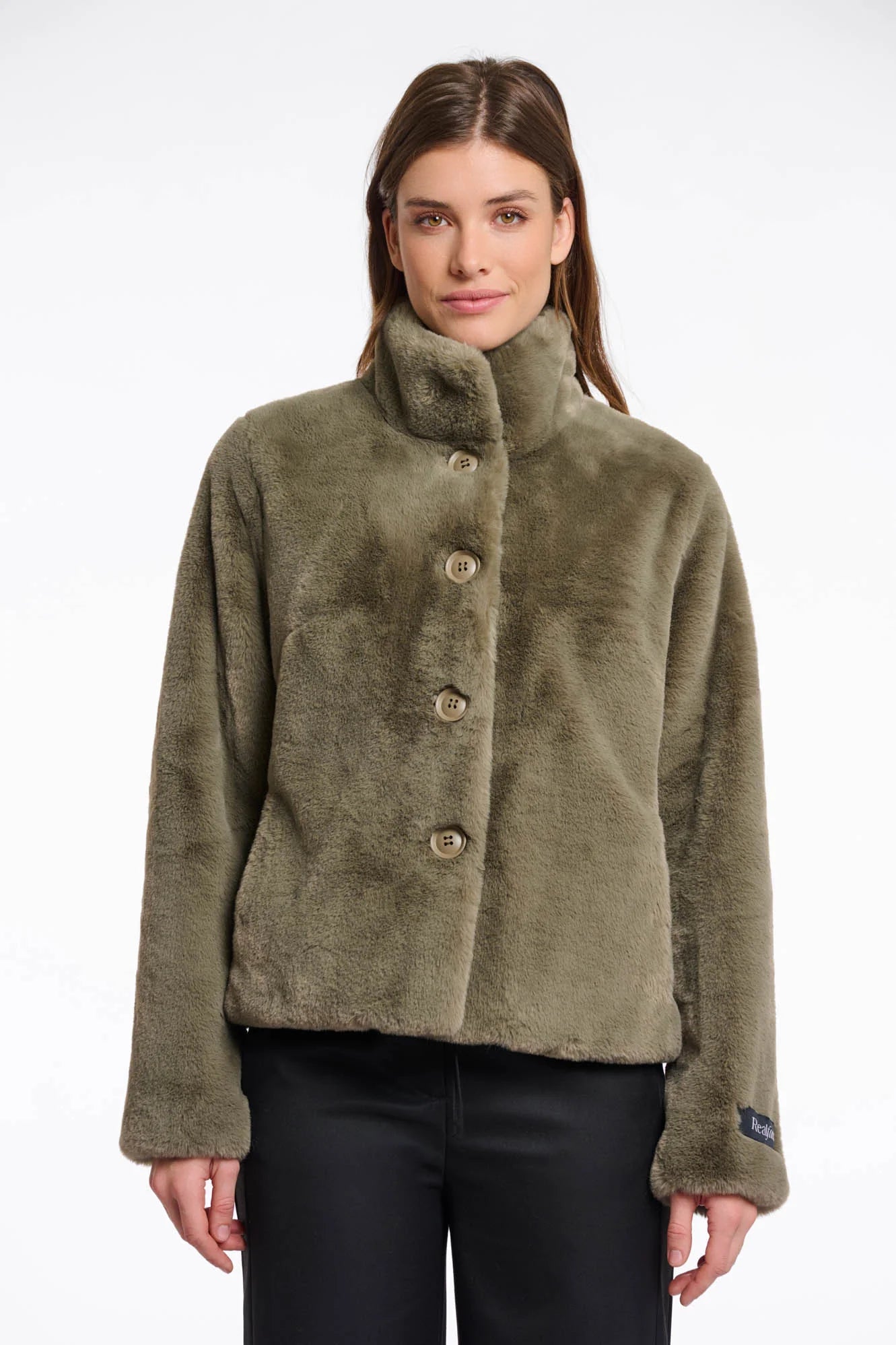 green faux fur short jacket with stand collar from rino and pelle