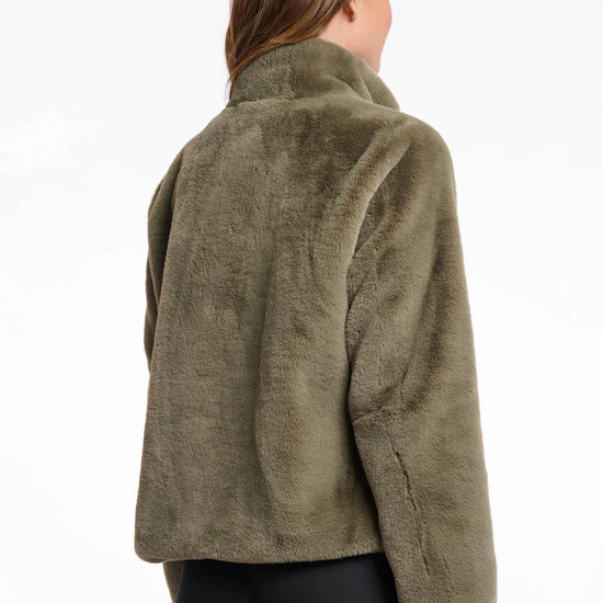 green faux fur short jacket with stand collar from rino and pelle rear view 