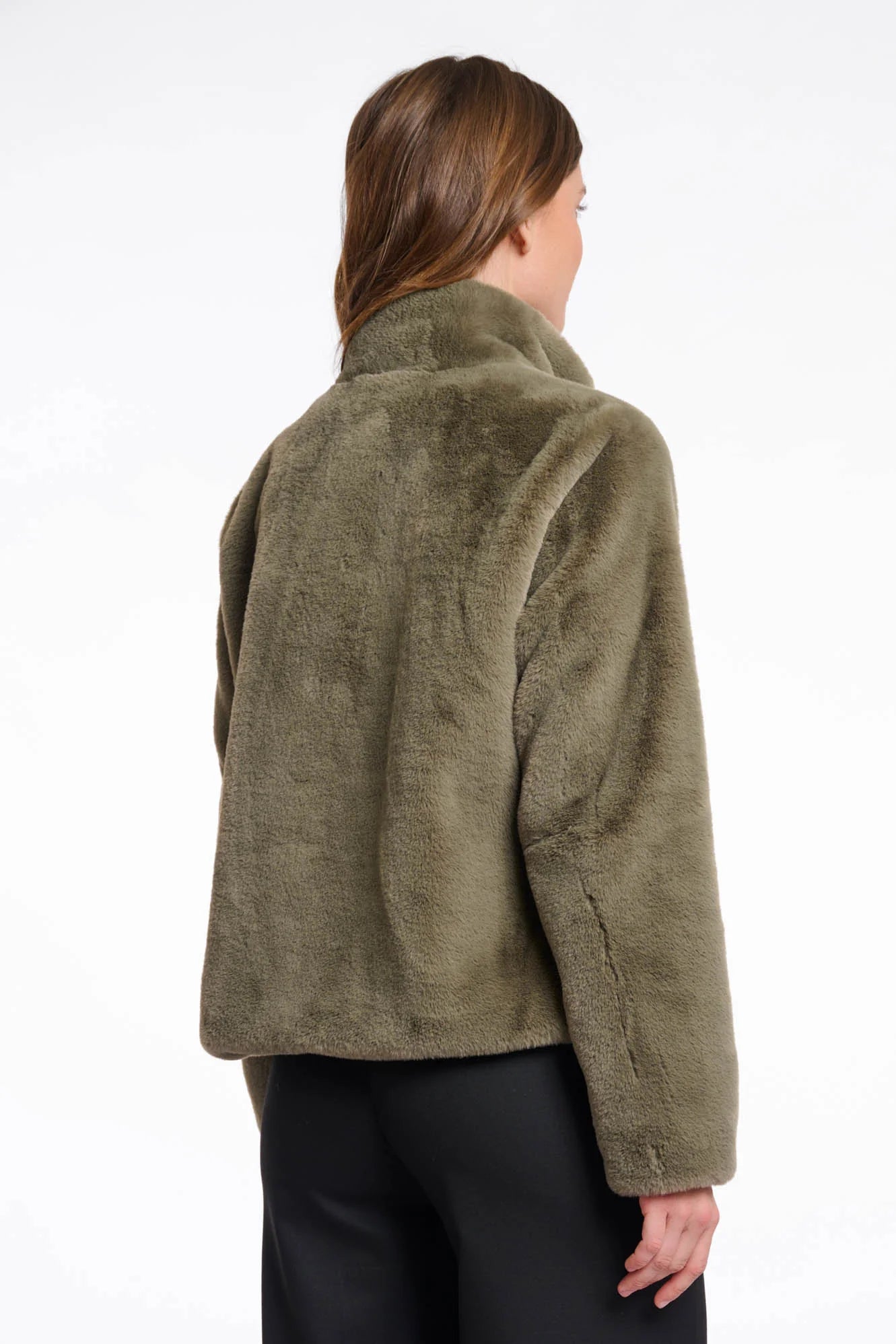 green faux fur short jacket with stand collar from rino and pelle rear view 