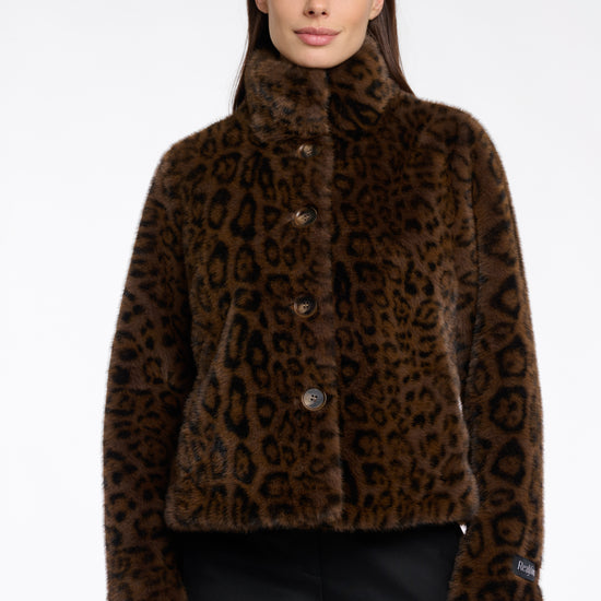 leopard print short faux fur jacket with brown buttons and stand collar