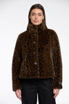 leopard print short faux fur jacket with brown buttons and stand collar