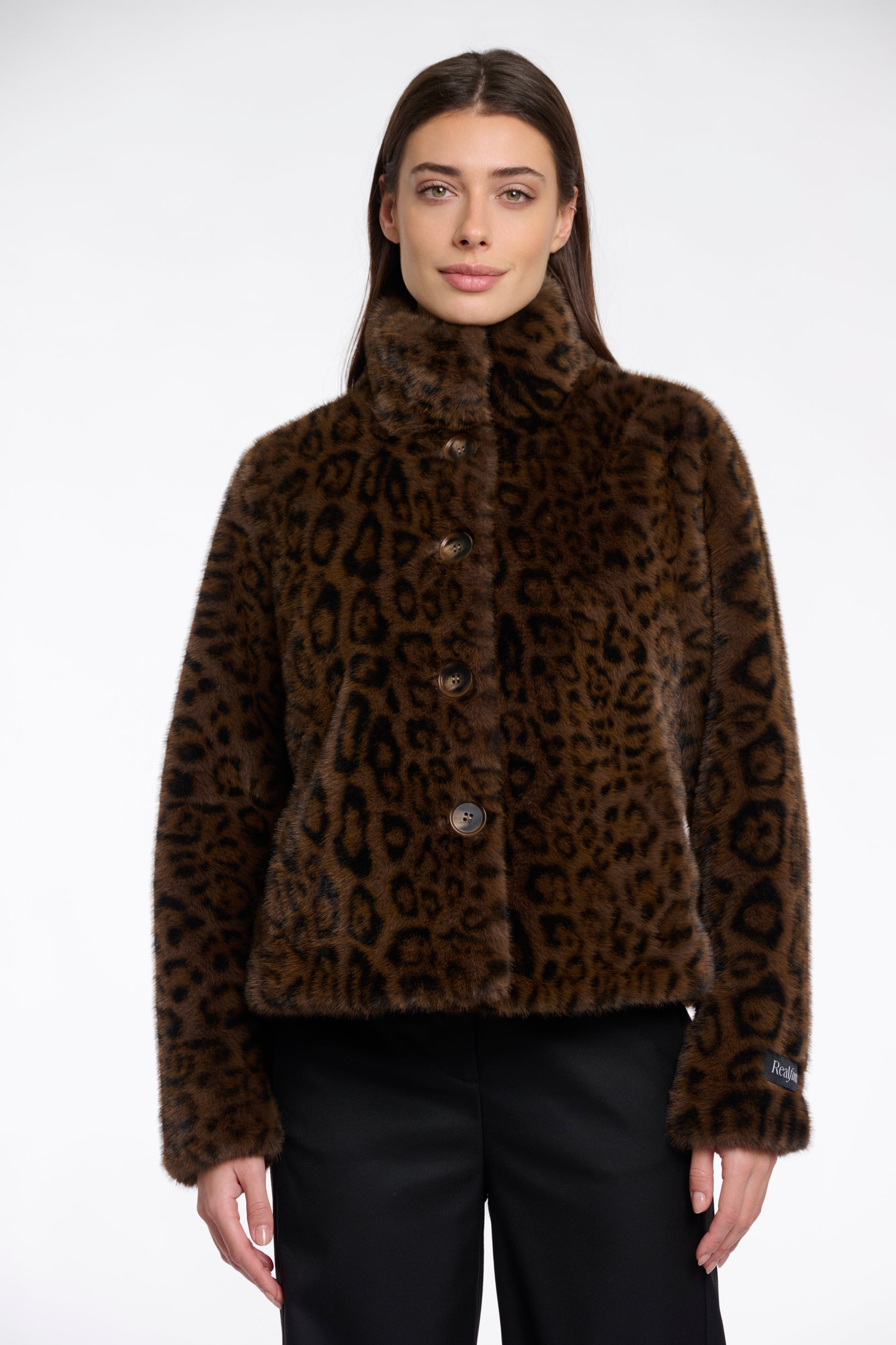 leopard print short faux fur jacket with brown buttons and stand collar