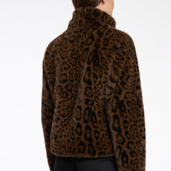 leopard print short faux fur jacket with brown buttons and stand collar rear view