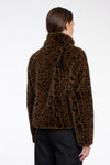 leopard print short faux fur jacket with brown buttons and stand collar rear view
