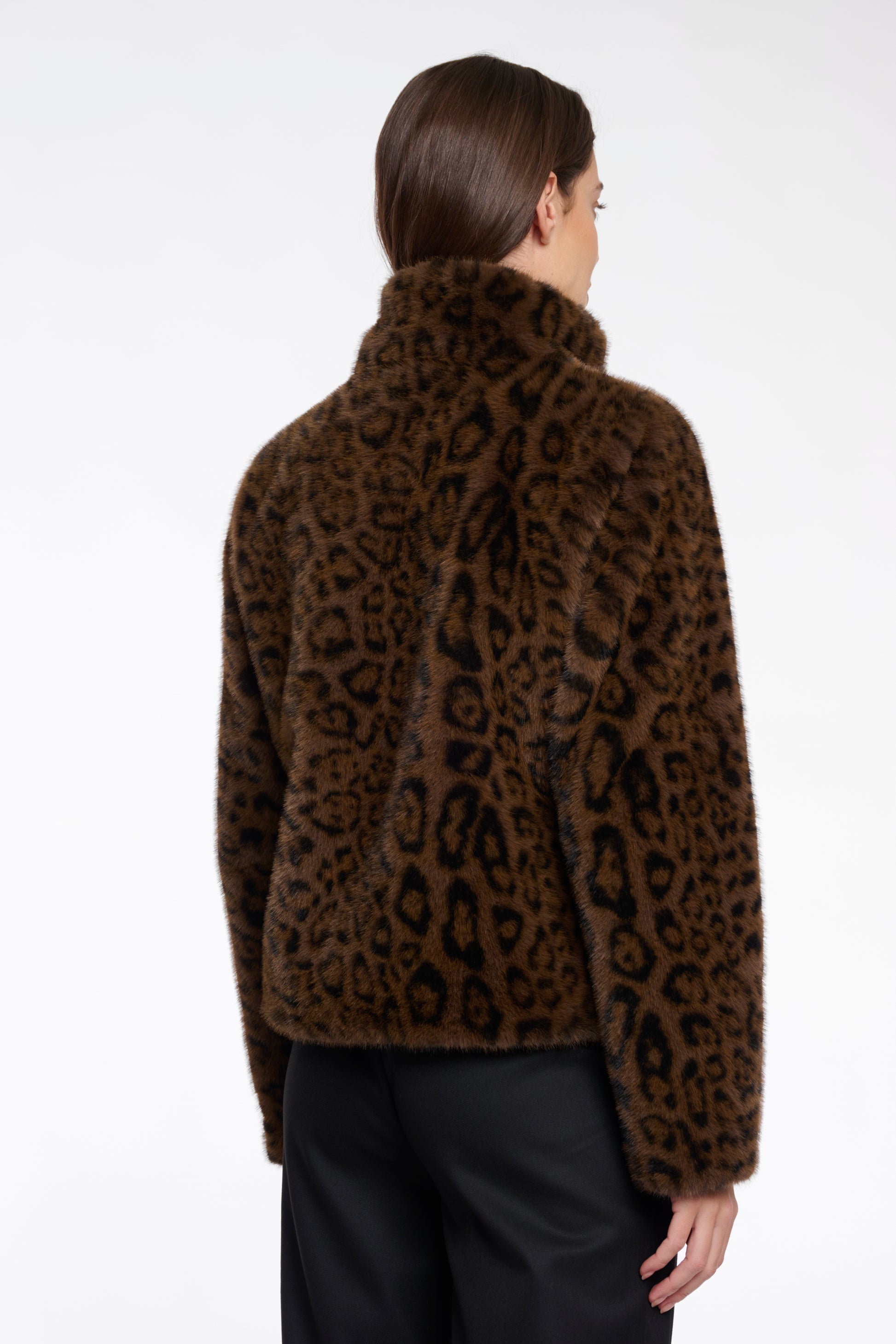 leopard print short faux fur jacket with brown buttons and stand collar rear view