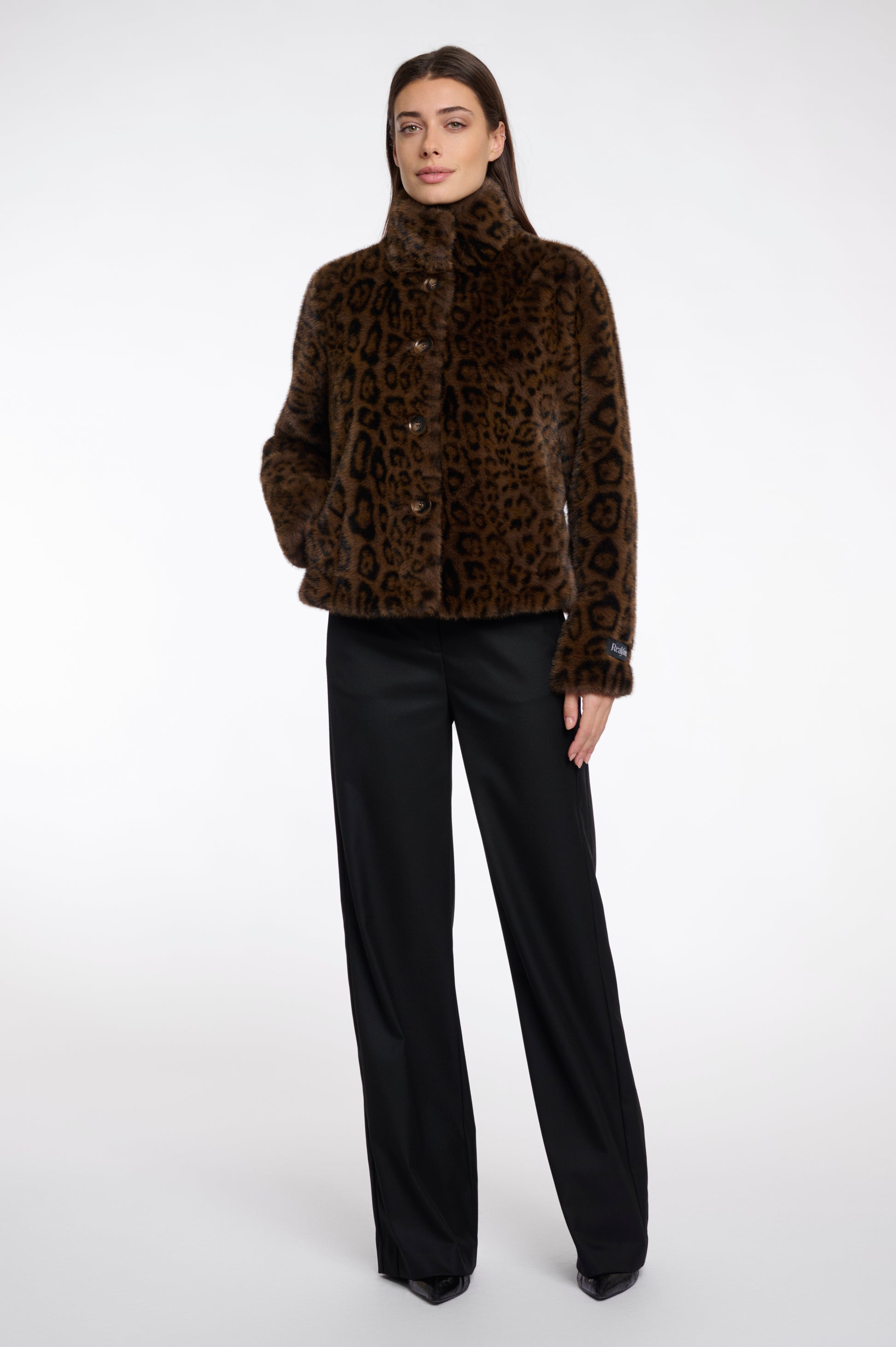 leopard print short faux fur jacket with brown buttons and stand collar model shot