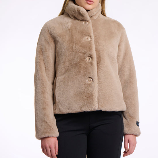 Short faux fur jacket with oatmeal hue, beige buttons and high neck model shot
