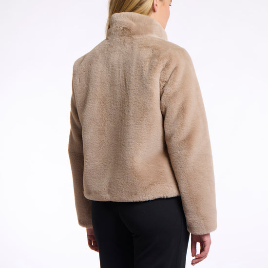 Short faux fur jacket with oatmeal hue, beige buttons and high neck rear view 