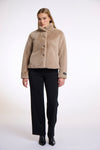 Short faux fur jacket with oatmeal hue, beige buttons and high neck