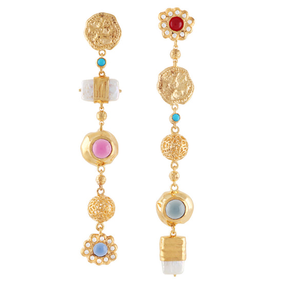 long drop mismatched pearl, cabochon and gold earrings 