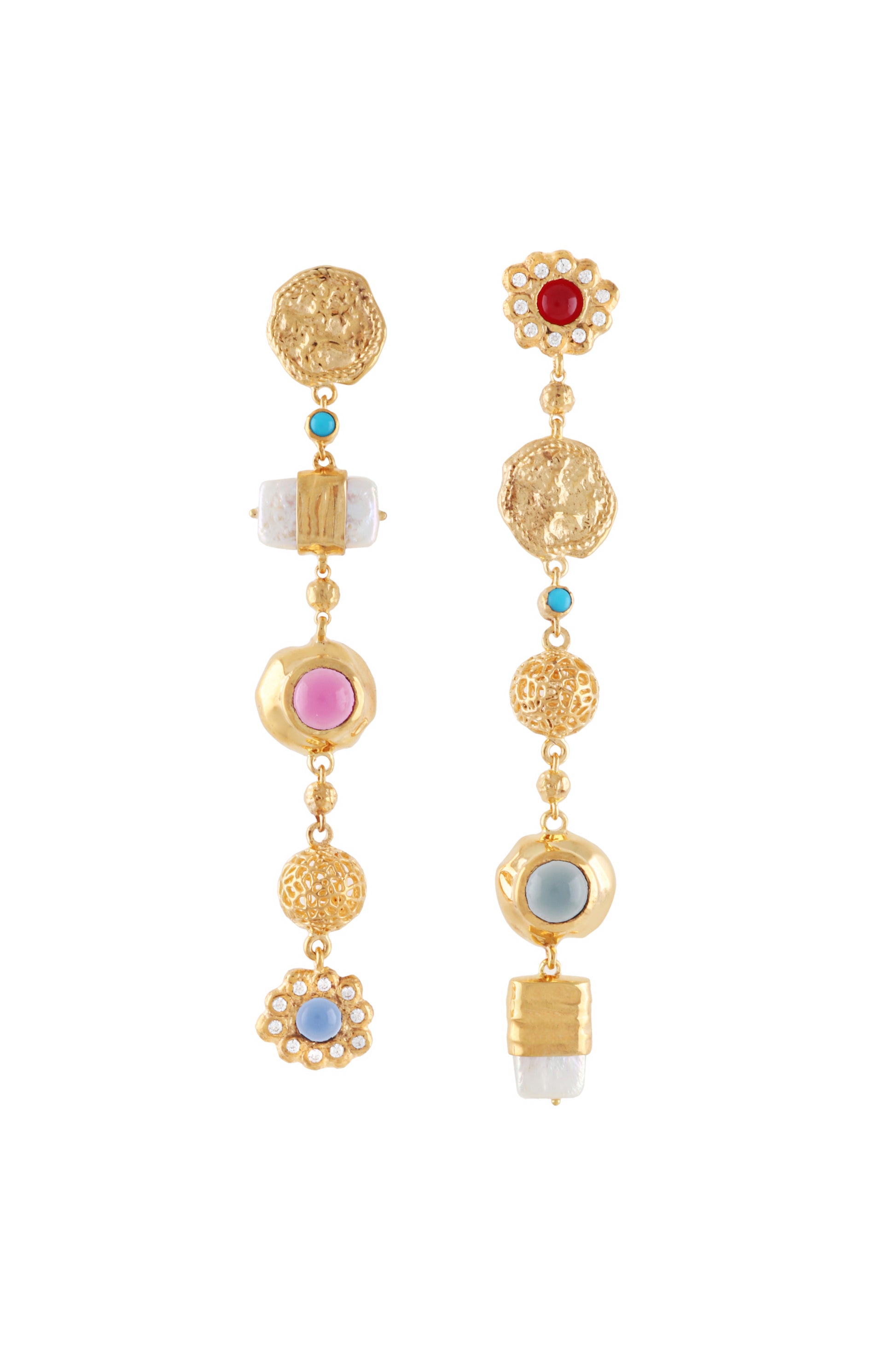 long drop mismatched pearl, cabochon and gold earrings 