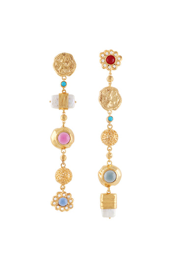 long drop mismatched pearl, cabochon and gold earrings 