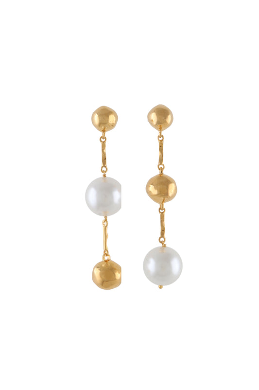 gold ball and pearl orb drop earrings