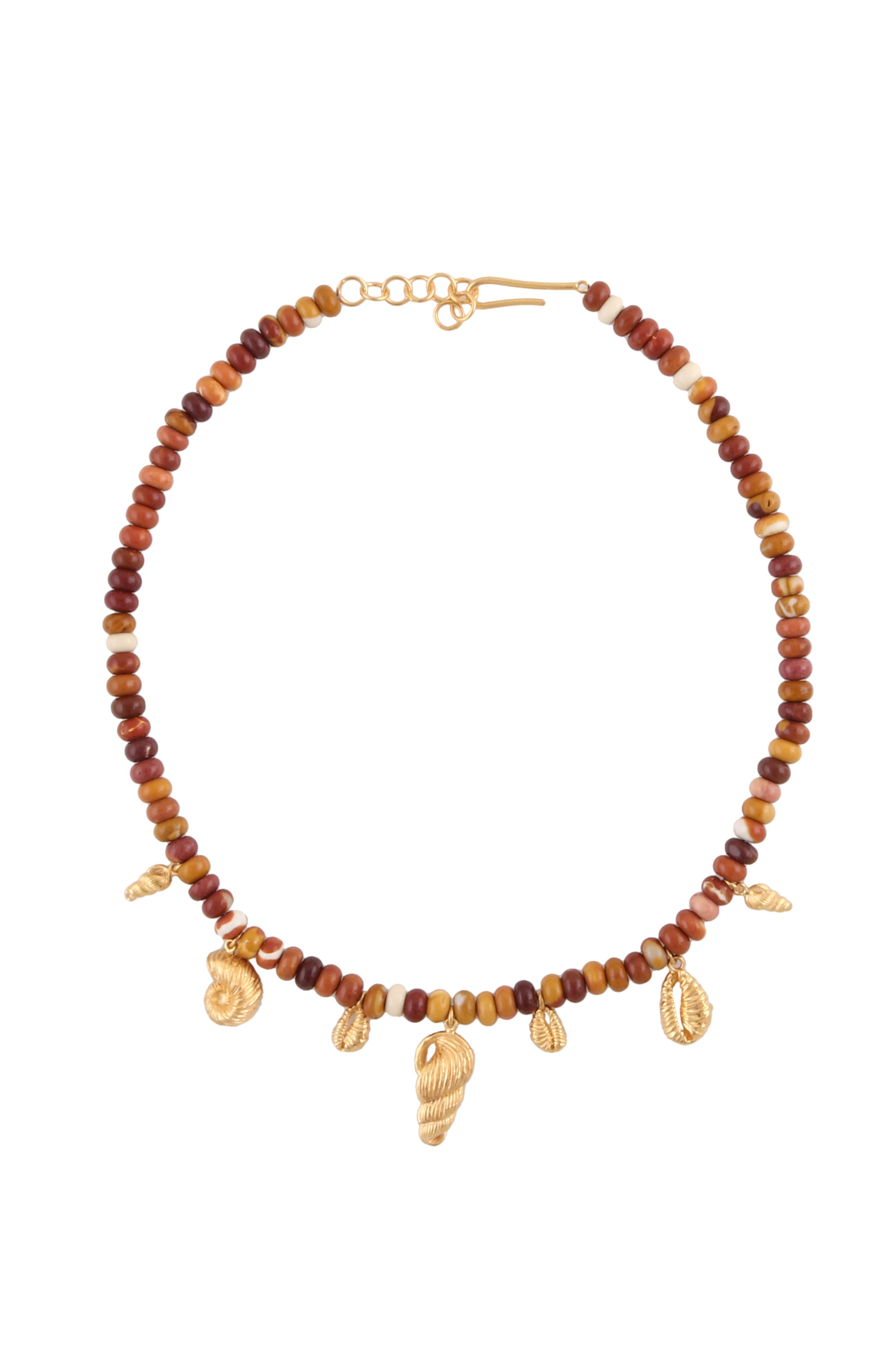 beaded necklace with small gold shell charms