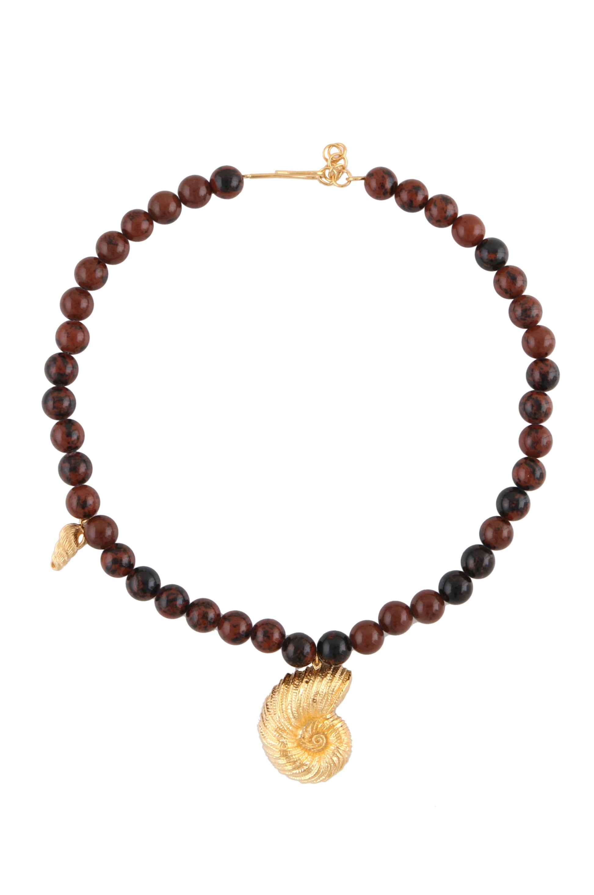brown beaded necklace with statement seashell in the centre 
