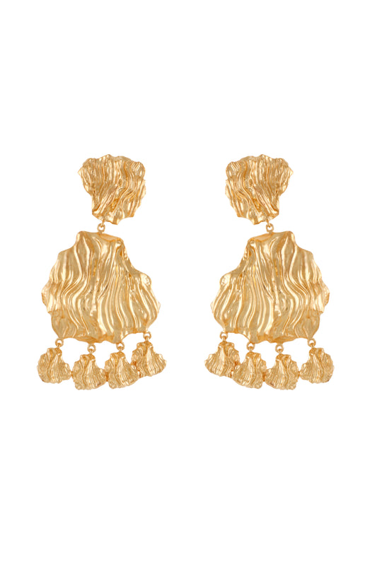 gold petal earrings with larger petal and small charm drops