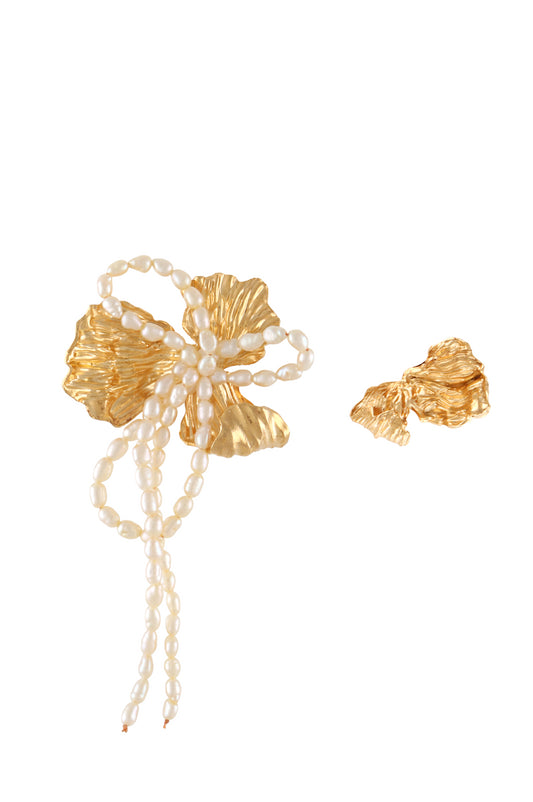 Asymmetrical Flower Earrings Dangling Pearl