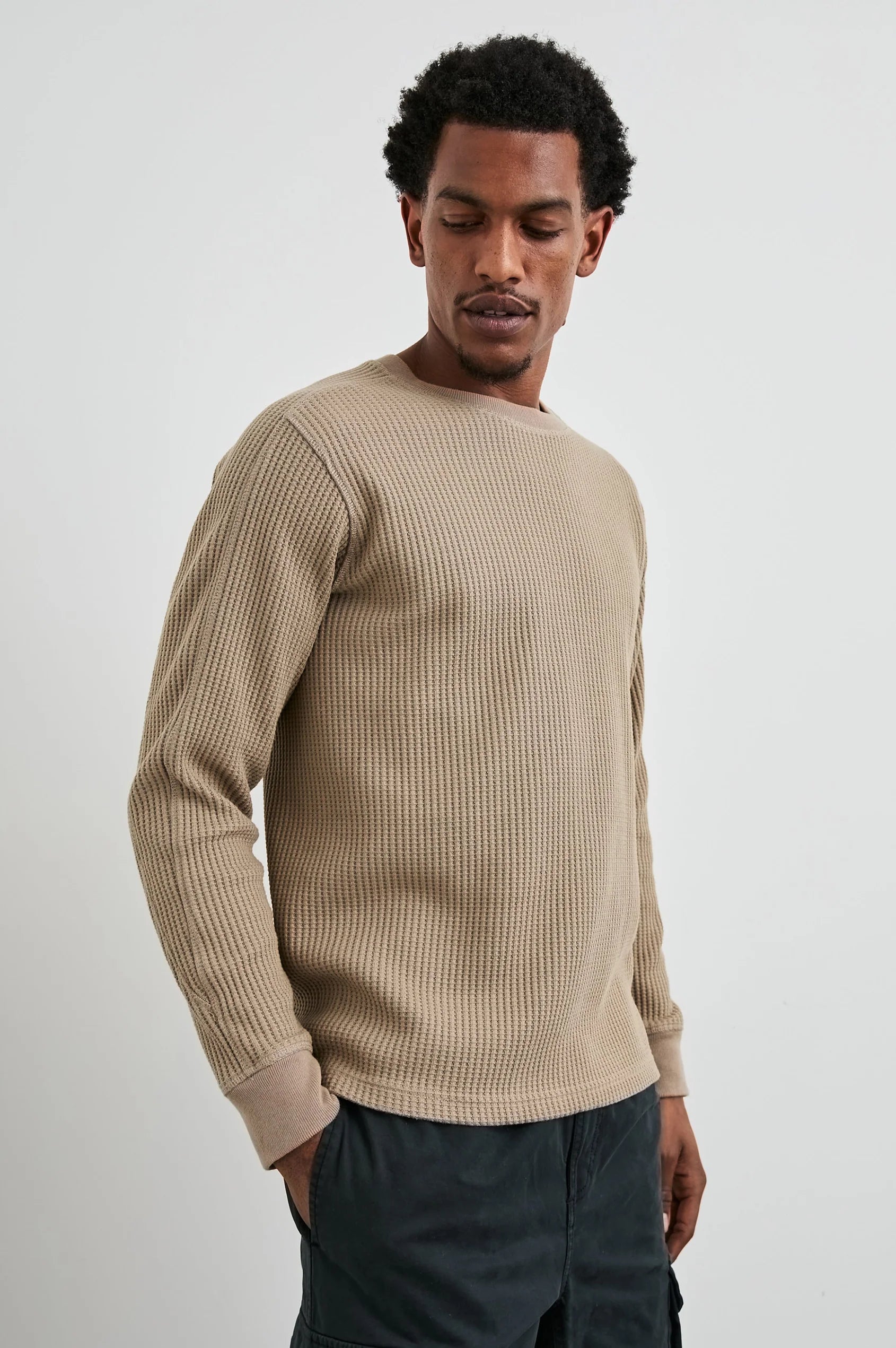 beige waffle knit o neck jumper  side view 