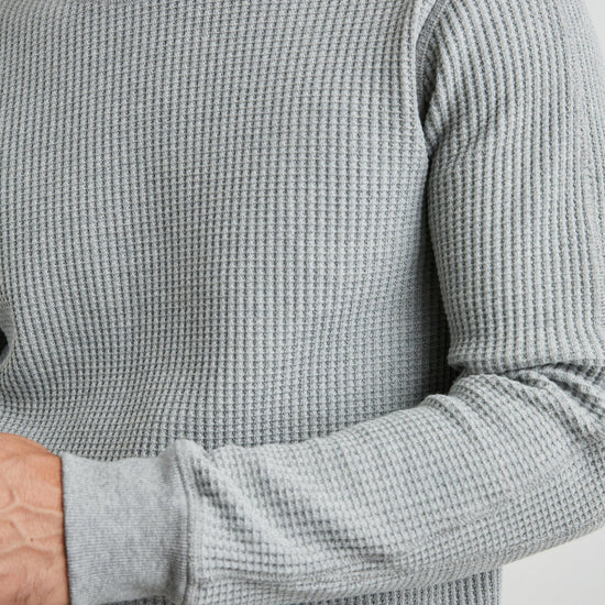 grey waffle knit round neck jumper  close up